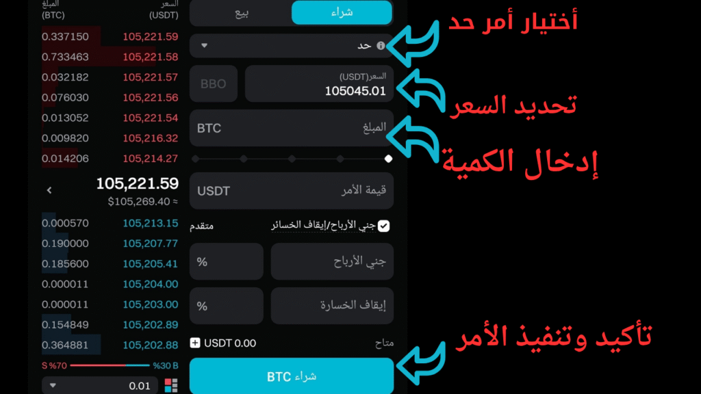 لكيفية تنفيذ أمر حد (Limit) في Bitget