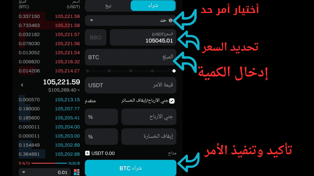 لكيفية تنفيذ أمر حد (Limit) في Bitget